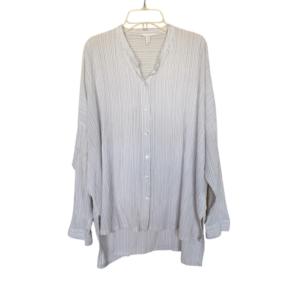 Eileen Fisher Striped Long Sleeve Button Up Top Cotton Blend